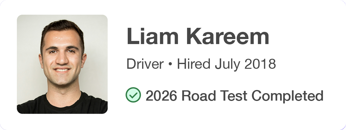 An employee record in Skye: Liam Kareem, Driver, 2026 road test completed