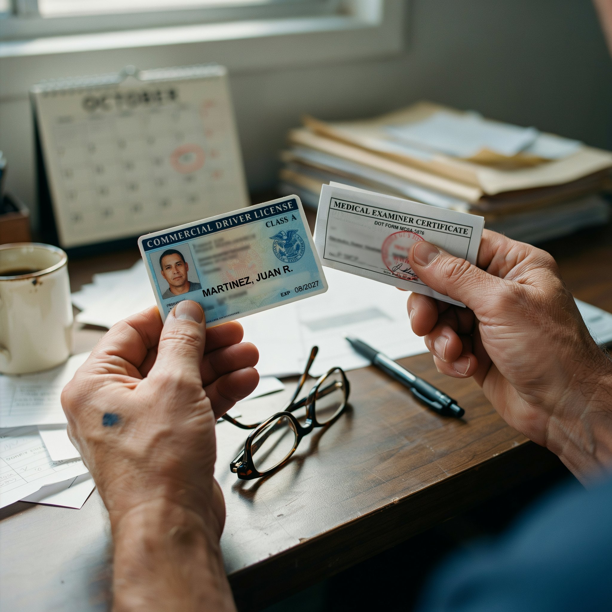 A commercial driver's licence and medical examiner's certificate held over a desk