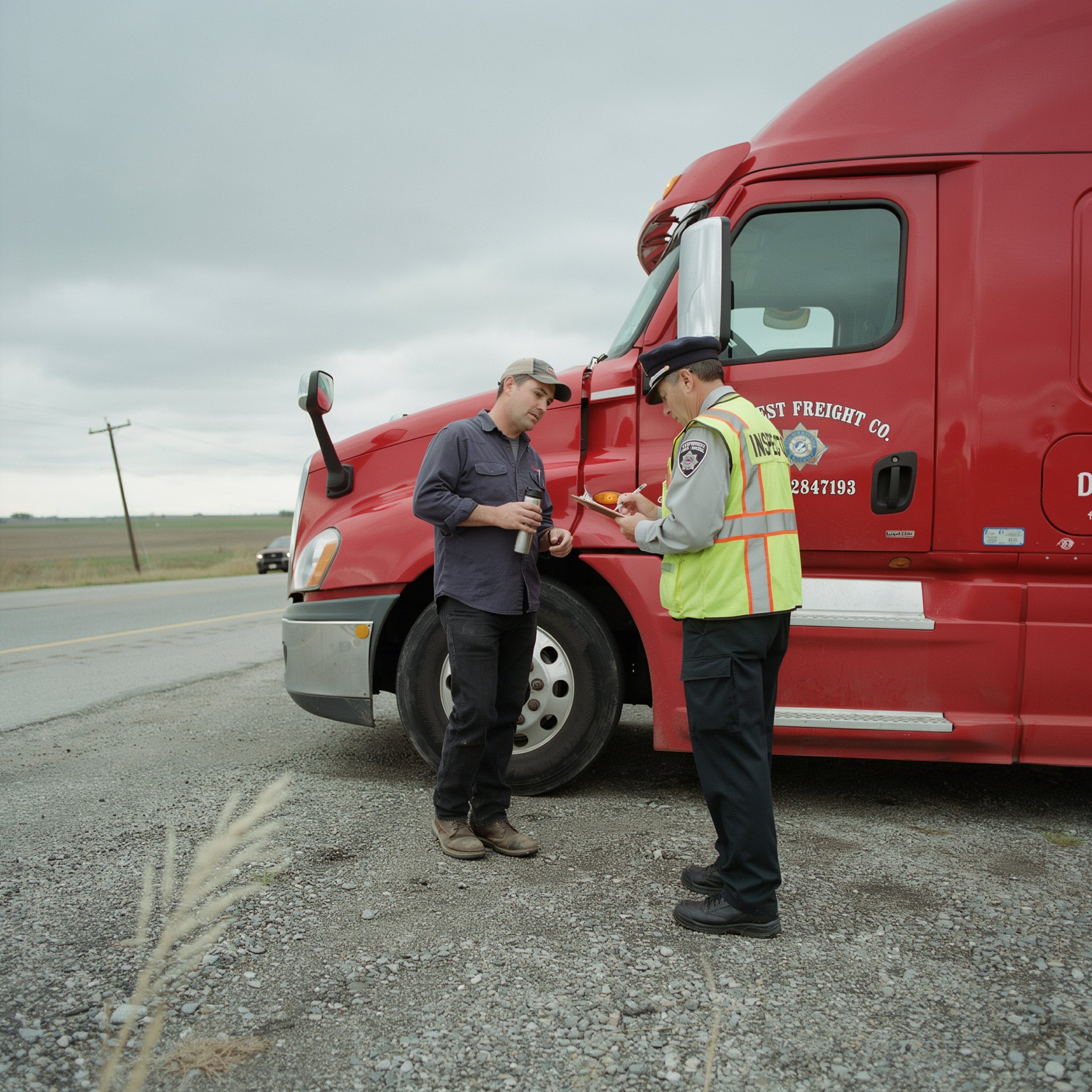 A roadside inspection: an officer writing on a clipboard beside a driver and his truck