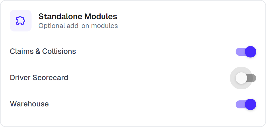Claims & Collisions, Driver Scorecard and Warehouse toggled on in Skye's module settings