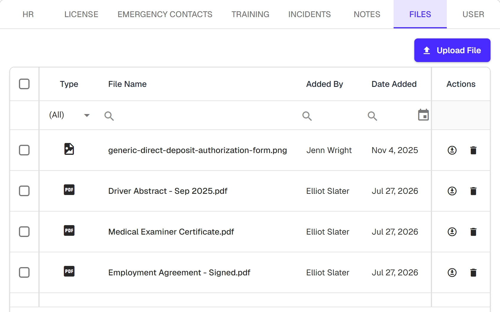 The Files tab on an employee's record in Skye, listing documents with their type, date and who added them