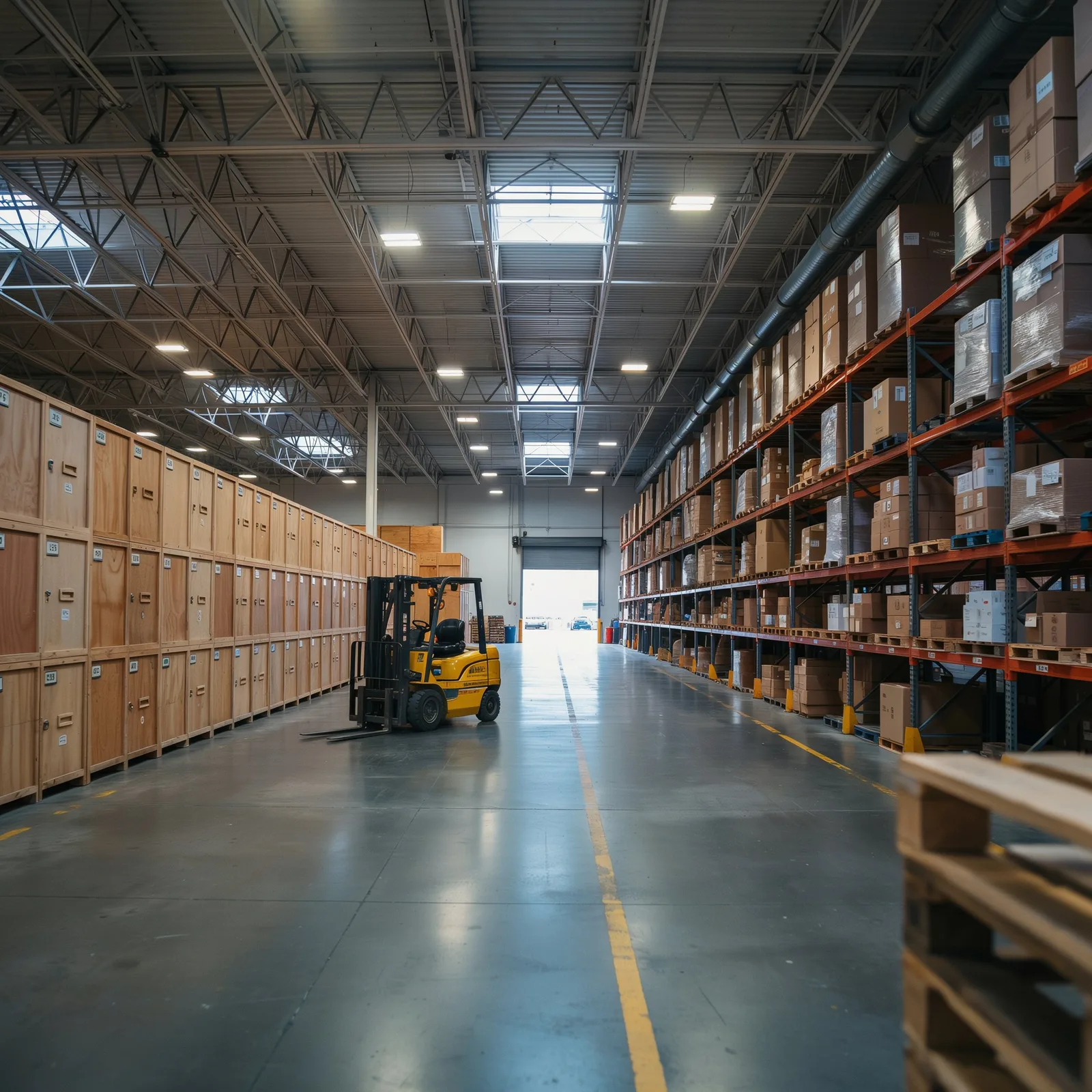 A warehouse aisle stacked with racked pallets and storage crates